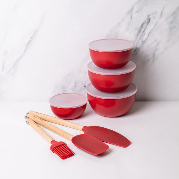7pc Kitchen Set with 3x Birchwood & Silicone Spatulas and 4x Nesting Meal Prep Bowls, Red image 2