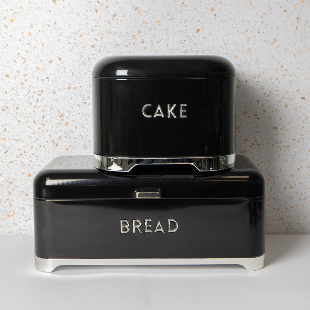 2pc Gift-Tagged Midnight Black Storage Tin Set with Airtight Lids, including Bread Bin, 42x22x19cm & Cake Tin, 26x26x19cm