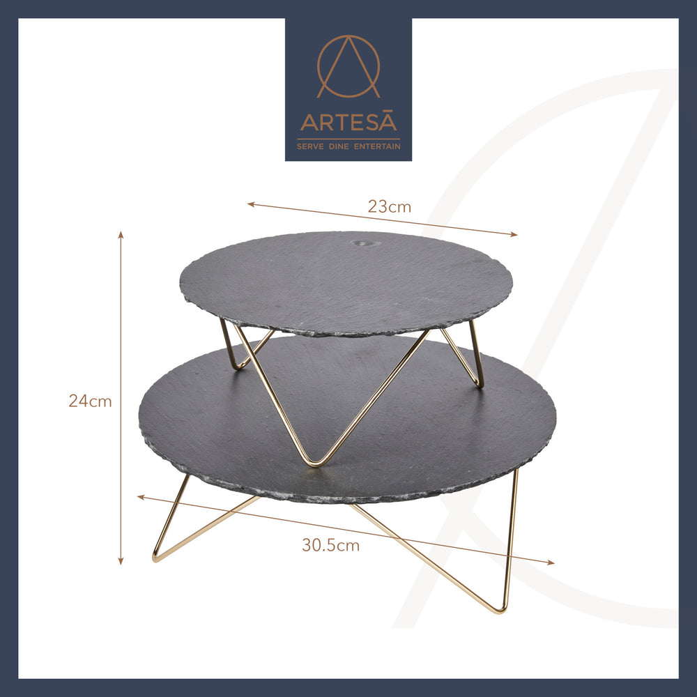 Artesà Tiered Serving Stand, 2 Slate Platters with Raised Metal Legs