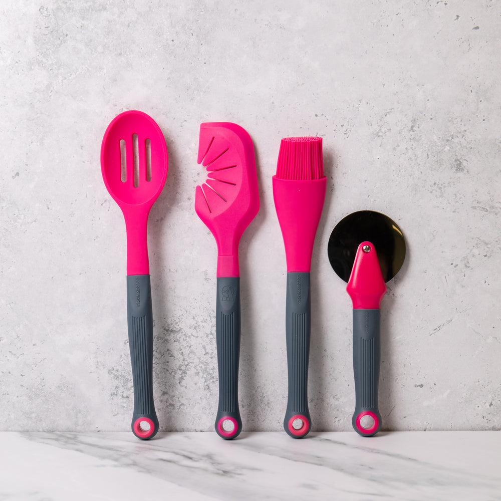 Colourworks Brights Set with Pizza Cutter, Angled Pastry Brush, Slotted Spoon and 