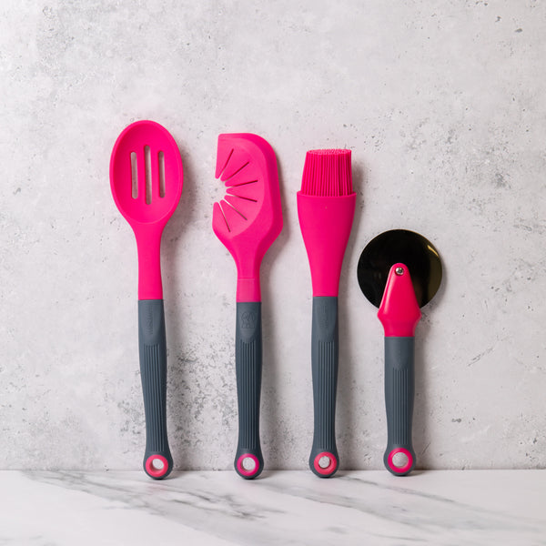Colourworks Brights Set with Pizza Cutter, Angled Pastry Brush, Slotted Spoon and 