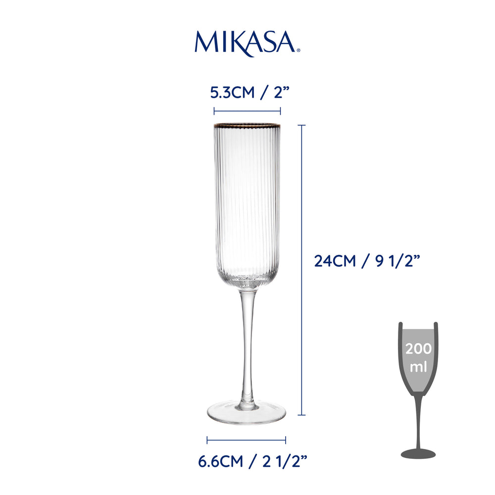 Mikasa Sorrento Ridged Crystal Champagne Flute Glasses, Set of 4, 200ml