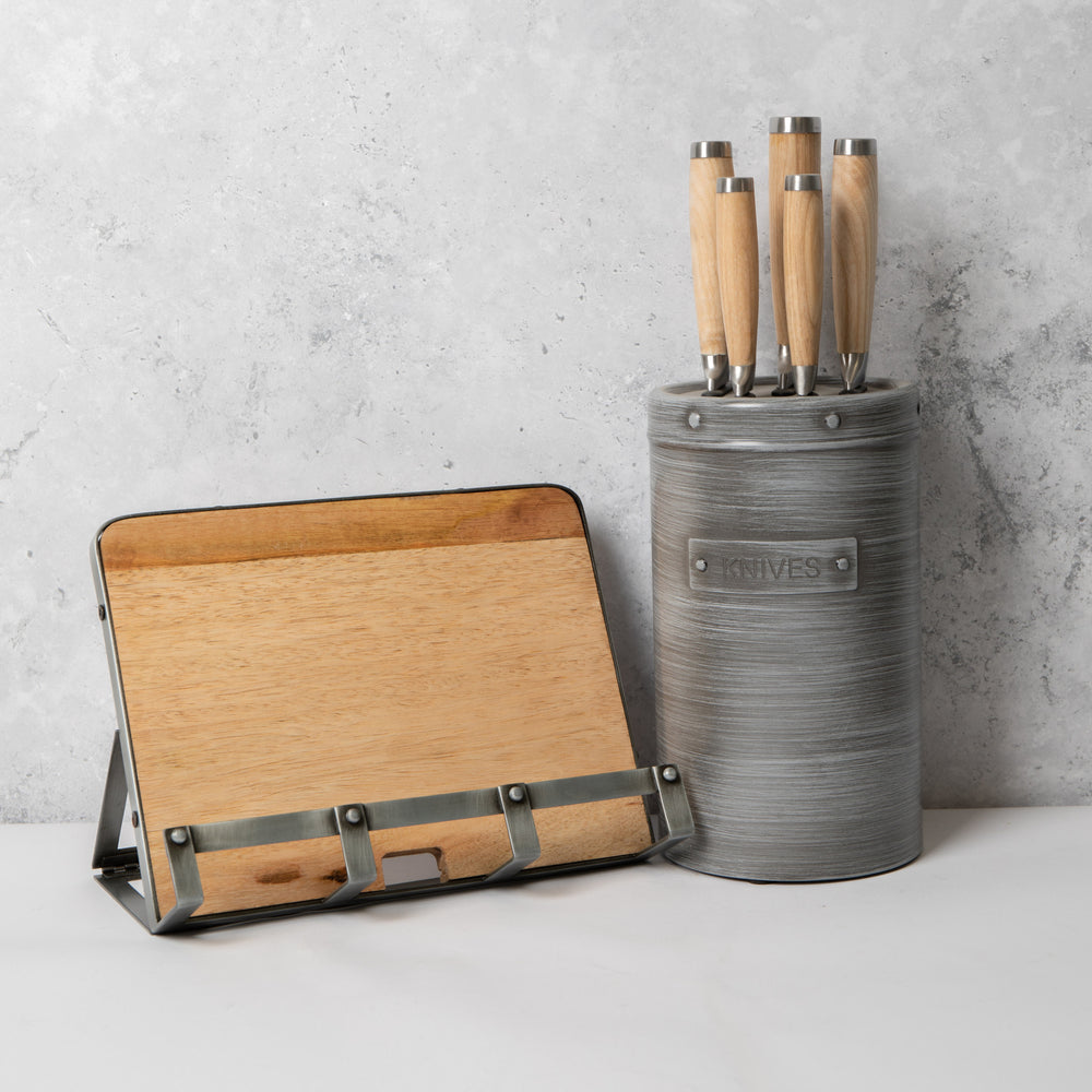 2pc Industrial Kitchenware Set with 5pc Knife Set & Metal Storage Block and Cookbook Tablet Stand