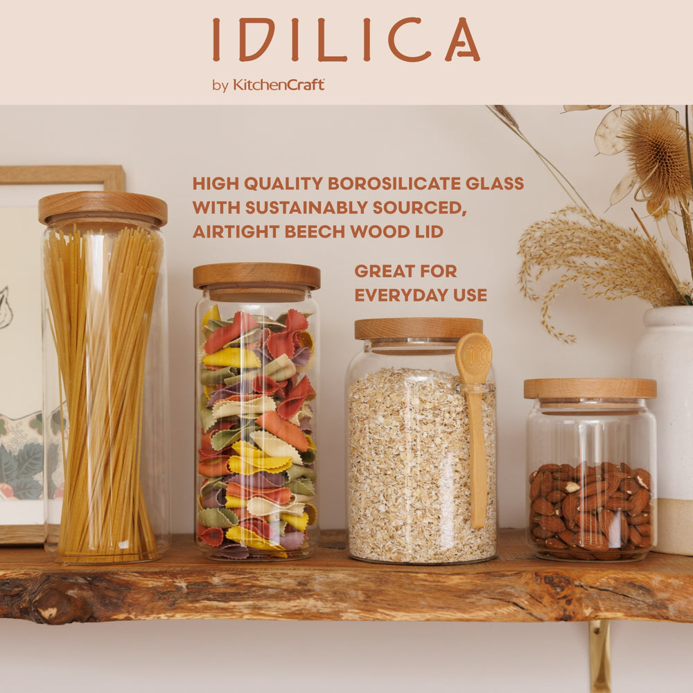 KitchenCraft Idilica Glass Storage Jar with Beechwood Lid and Bamboo Spoon, 1200ml