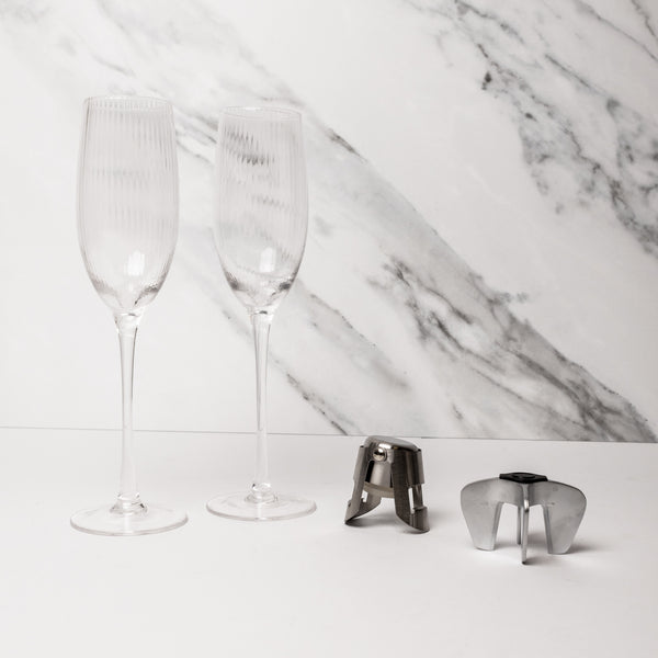 4pc Drinkware Set including 2x Ribbed Flute Glasses, Bottle Opener and Bottle Stopper image 2