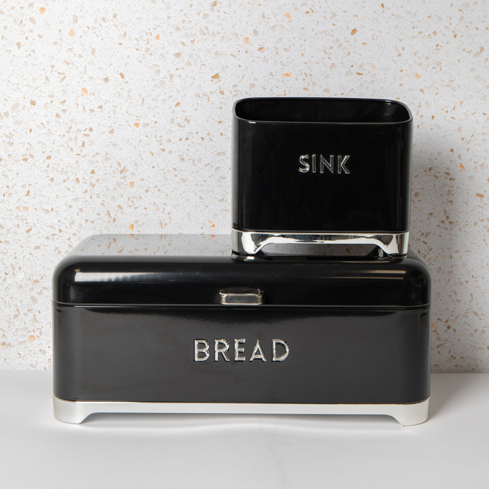 6pc Midnight Black Kitchenware Set including Five Stainless Steel Knives with a Metal Storage Block and Sink Tidy