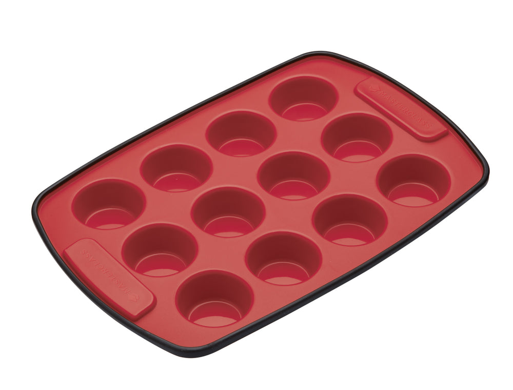 2pc Red Silicone Bakeware Set with Square Bake Pan and 12-Hole Baking Pan
