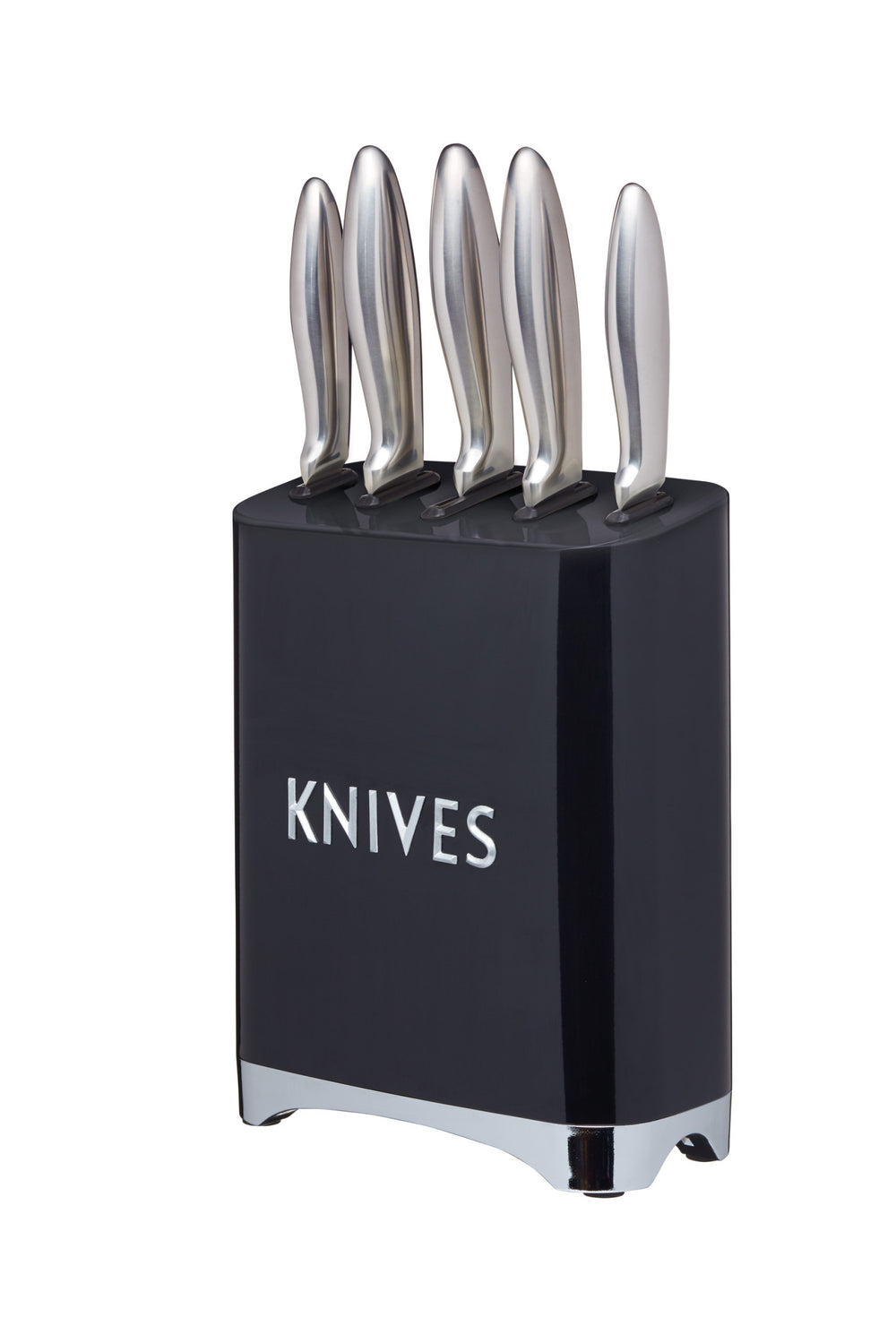 6pc Midnight Black Kitchenware Set including Five Stainless Steel Knives with a Metal Storage Block and Sink Tidy