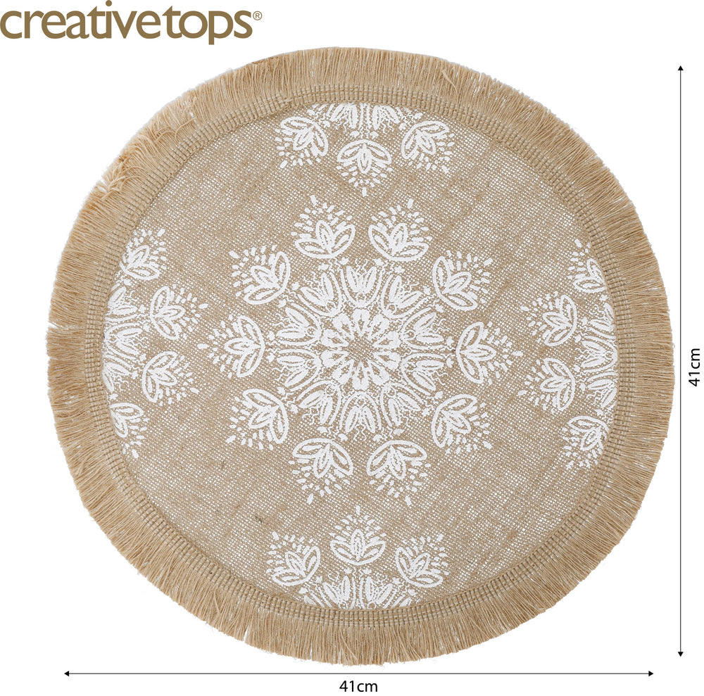 Creative Tops Round Hessian Placemats, Set of 4, White Mandala Design, 43cm