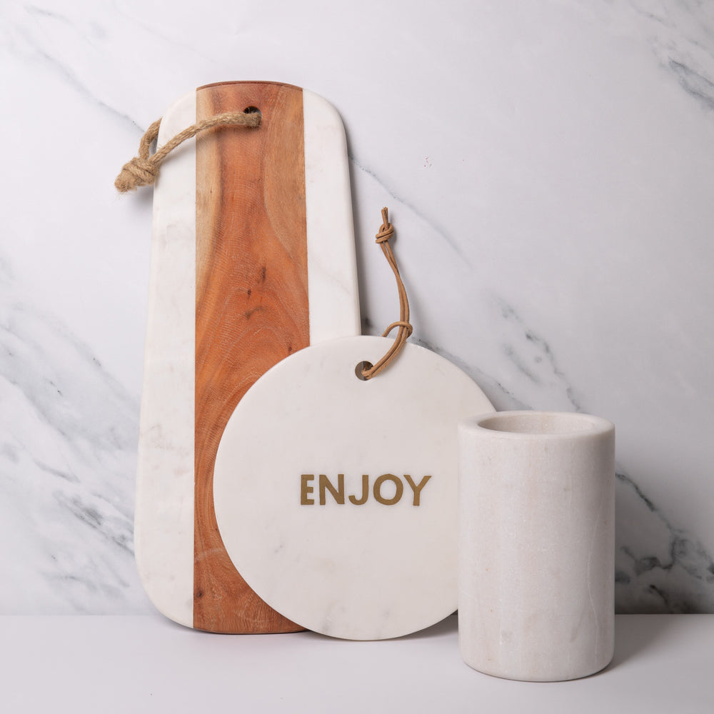 3pc Dinner Serving Set with Marble Wine Cooler, Marble & Acacia Wood Serving Board and Round White Marble Cheese Board