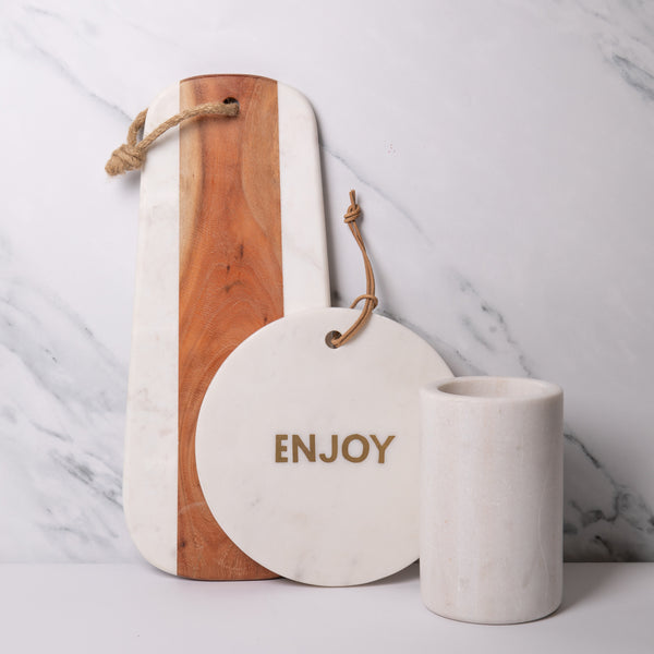 3pc Dinner Serving Set with Marble Wine Cooler, Marble & Acacia Wood Serving Board and Round White Marble Cheese Board image 2