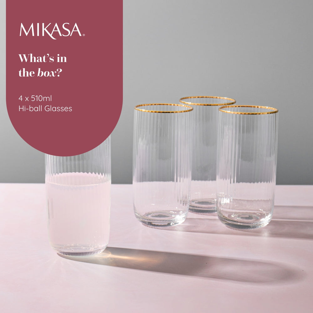 Mikasa Sorrento Ridged Crystal Highball Glasses, Set of 4, 510ml