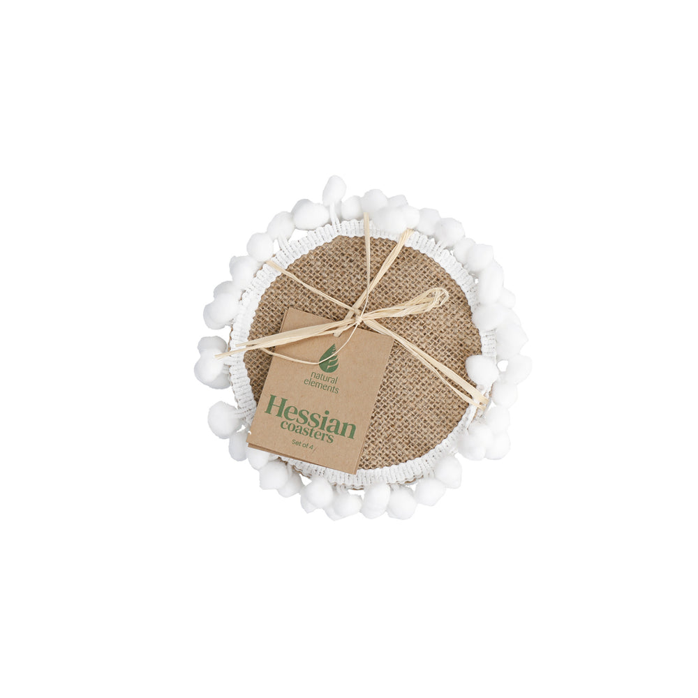 Natural Elements Set of 4 Woven Hessian Drink Coasters with Pom Pom Decorations