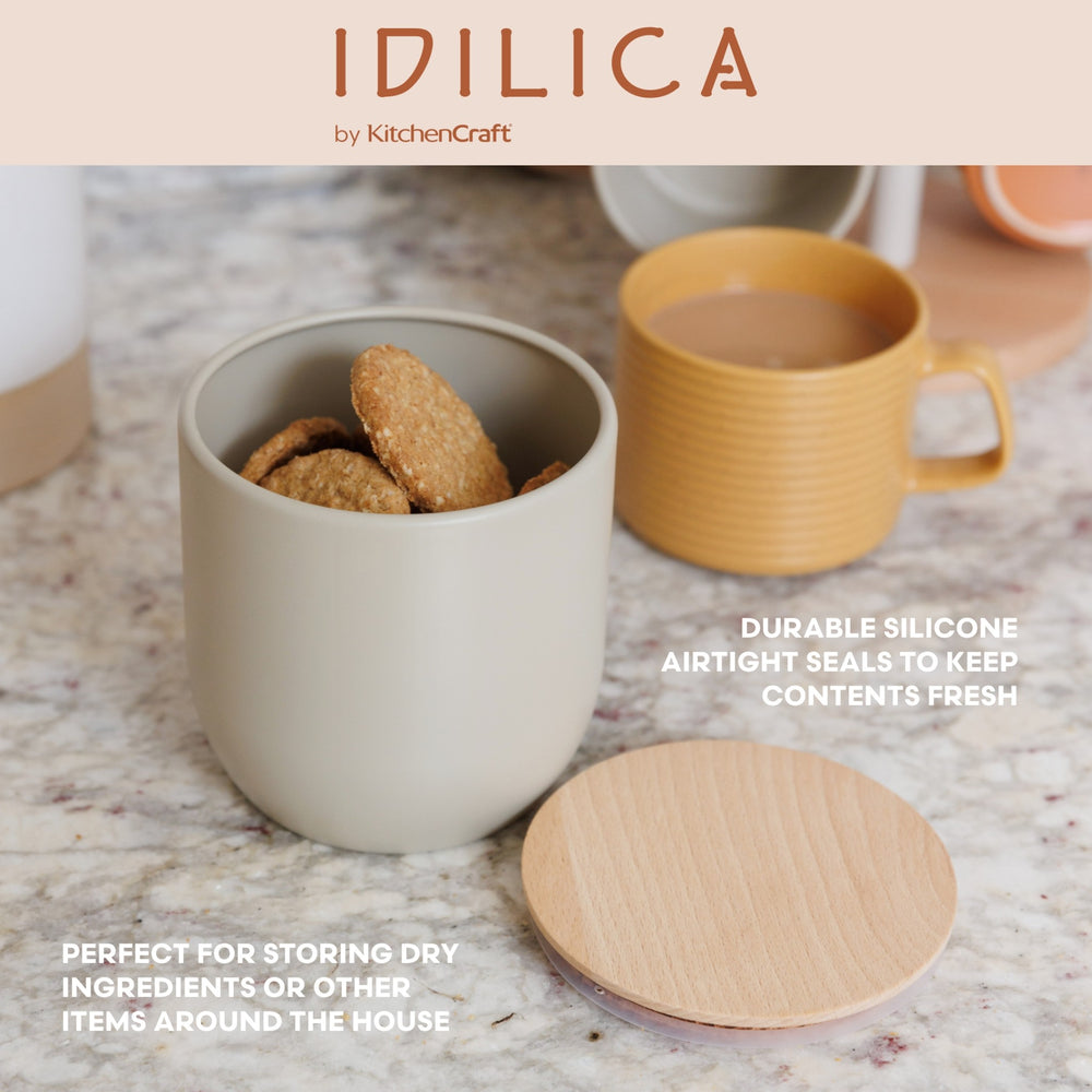 Idilica 3pc Set of Grey Kitchen Canisters with Beechwood Lid
