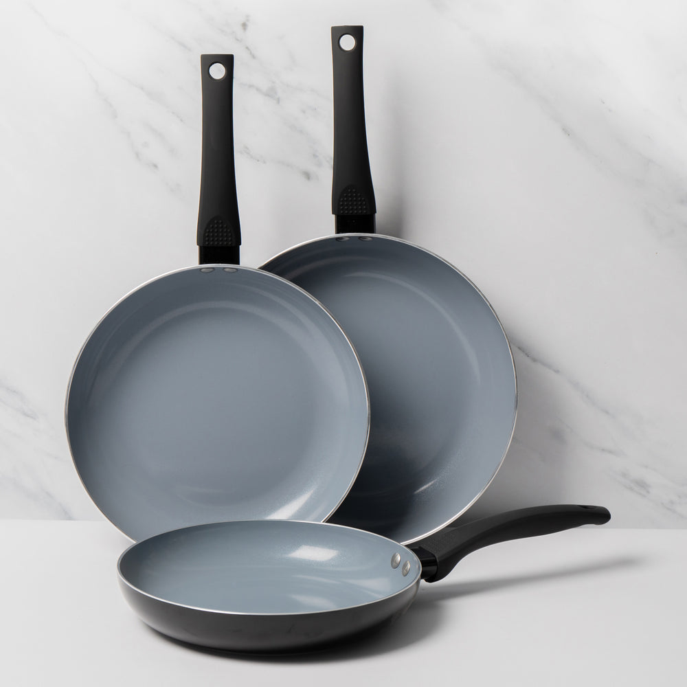 3pc Ceramic Non-Stick Eco Frying Pan Set with 3x Induction-Safe Frying Pans, 24cm, 26cm and 28cm