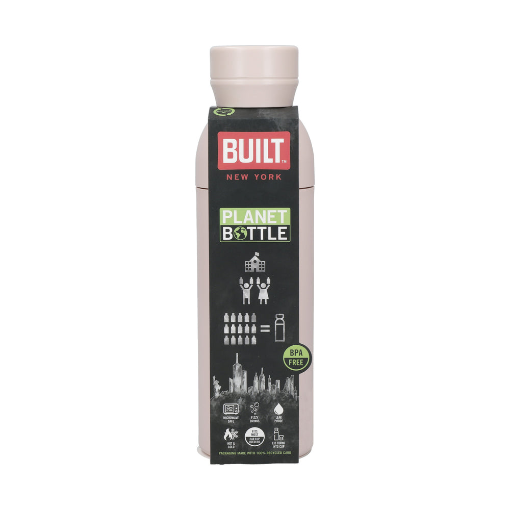 BUILT Planet Bottle, 500ml Recycled Reusable Water Bottle with Leakproof Lid - Pale Pink
