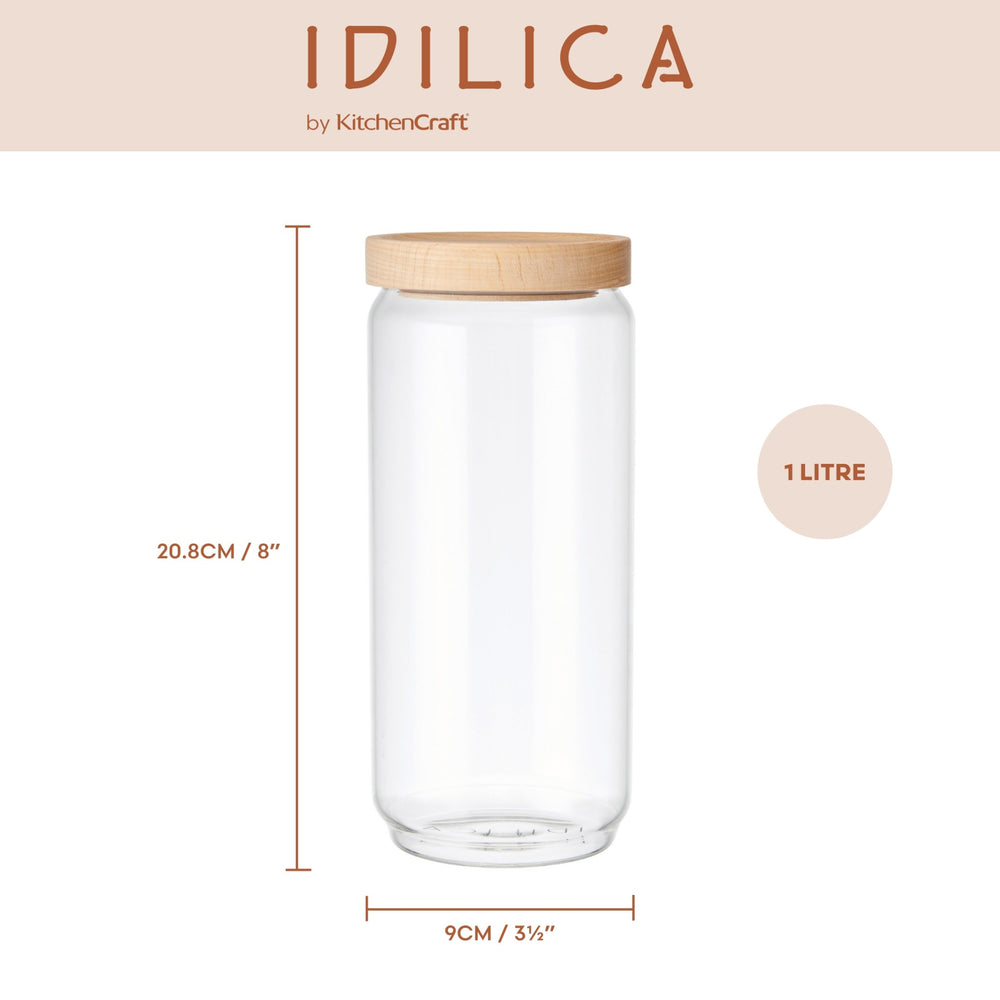 KitchenCraft Idilica Glass Storage Jar with Beechwood Lid, 1000ml