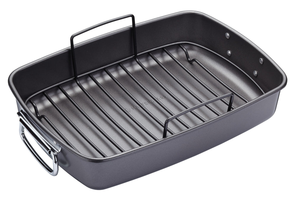 2pc Roasting Set with Large Non-Stick Roasting Tin & Rack and Wooden Studded Carving Board