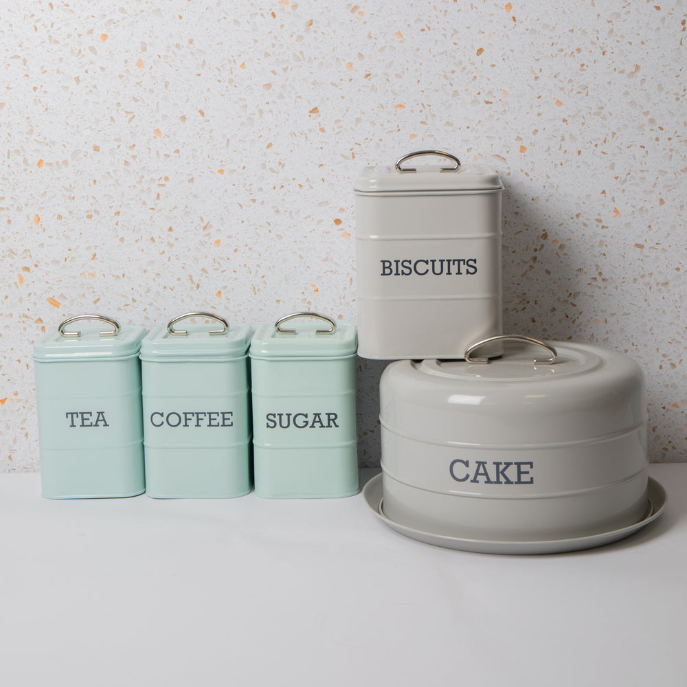 5pc Kitchen Storage Tin Set with Tea, Coffee & Sugar Canisters, Biscuit Tin and Domed Cake Tin