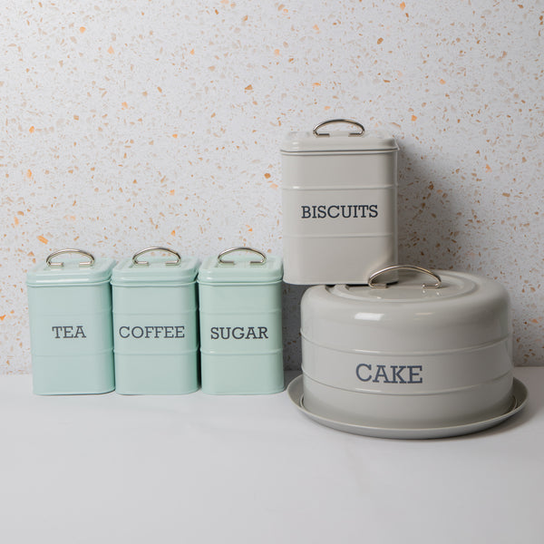 5pc Kitchen Storage Tin Set with Tea, Coffee & Sugar Canisters, Biscuit Tin and Domed Cake Tin image 2