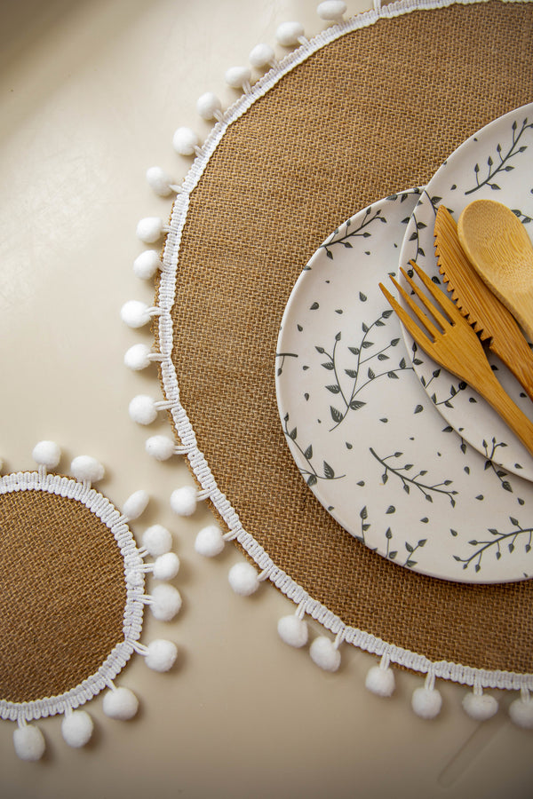 Natural Elements Set of 4 Woven Hessian Placemats with Pom Pom Decorations image 2