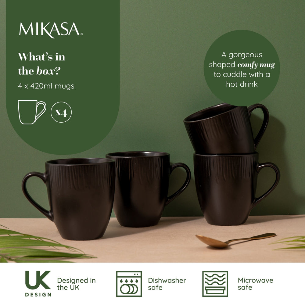 Mikasa Jardin Midnight Stoneware Mugs, Set of 4, 420ml, Black