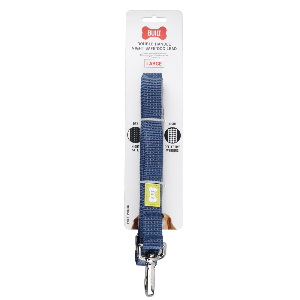 BUILT PET Large Double Handle Night Safe Reflective Lead - Blue