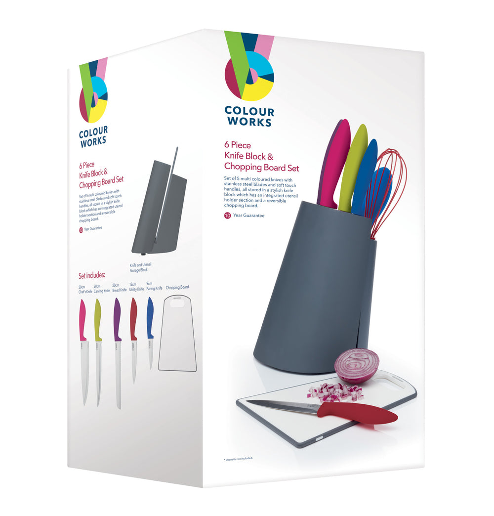 Colourworks 6 Piece Knife Block Set with Wooden Block and Chopping Board