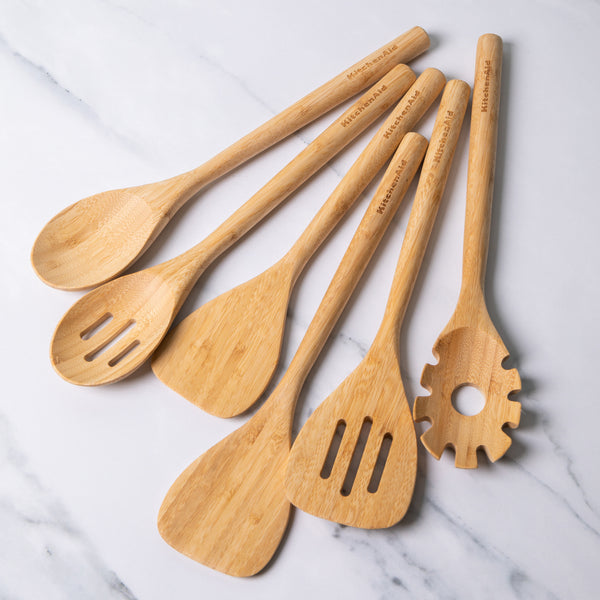 6pc Eco-Friendly Bamboo Utensil Set with Basting Spoon, Slotted Spoon, Turner, Slotted Turner, Short Turner & Pasta Server image 2