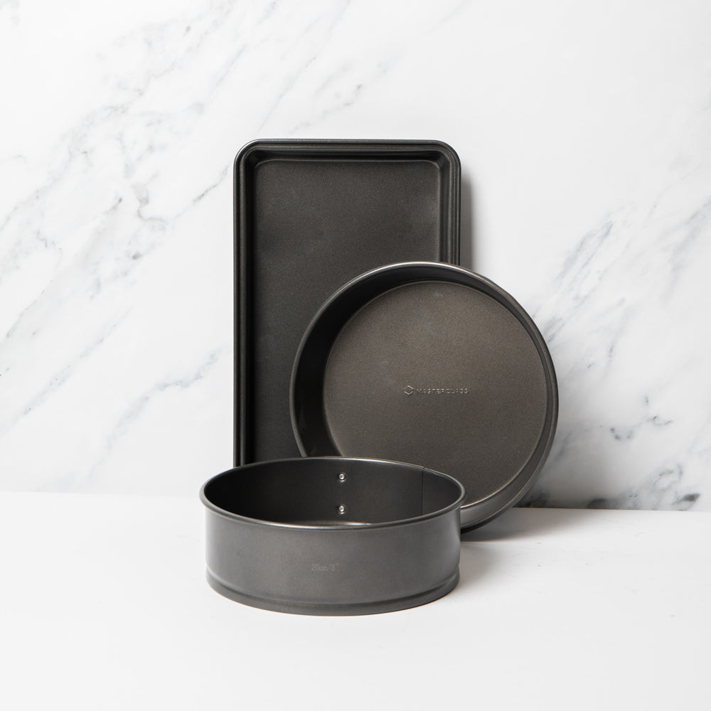 3pc Non-Stick Baking Set with 20cm Spring Form Round Pan, 34x20x4cm Brownie Pan and 23cm Deep Pie Pan