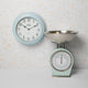 2pc Vintage Blue Kitchenware Set with Wall Clock and Mechanical Weighing Scales