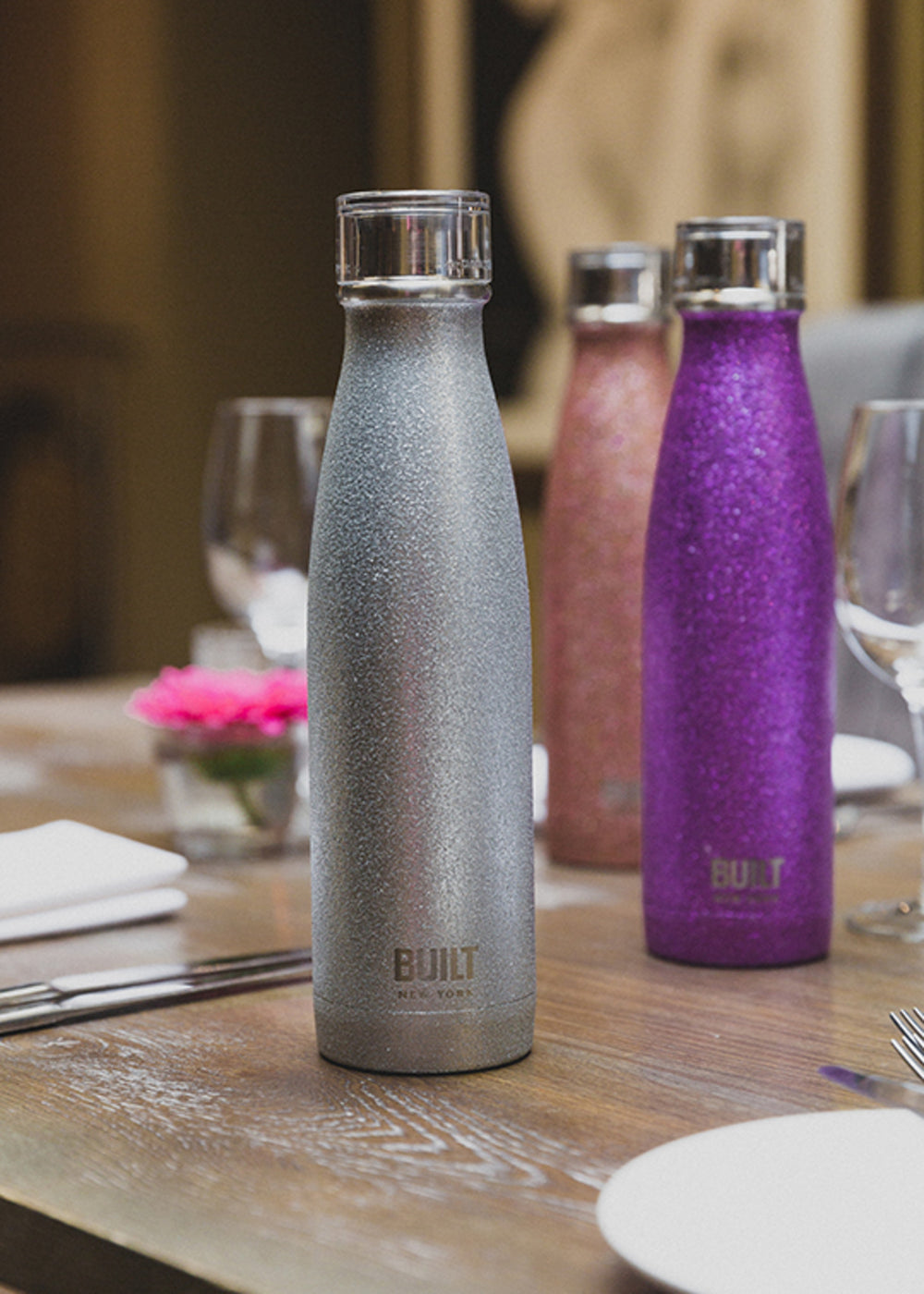 BUILT 480ml Double Walled Stainless Steel Water Bottle Silver Glitter