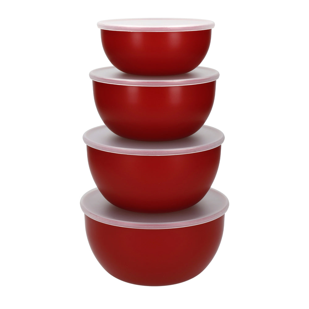 7pc Kitchen Set with 3x Birchwood & Silicone Spatulas and 4x Nesting Meal Prep Bowls, Red