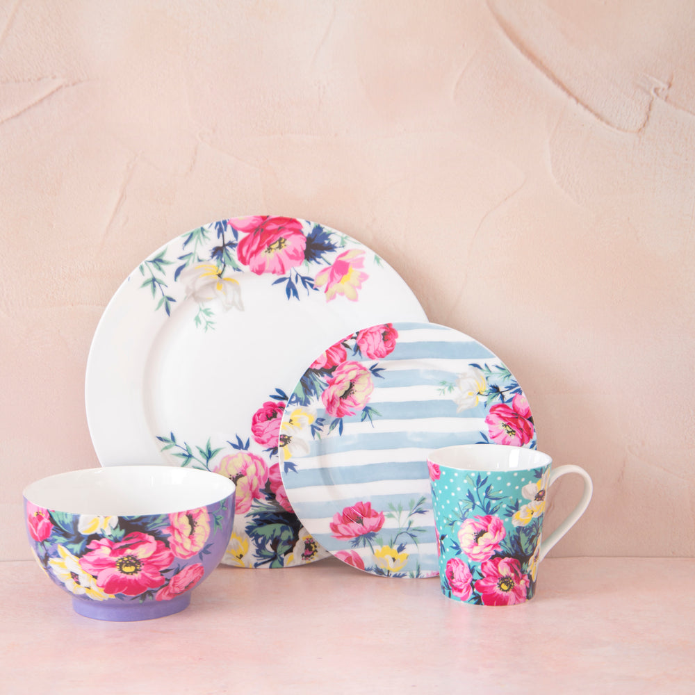 16pc Floral Porcelain Dining Set with 4x 26cm Dinner Plates, 4x 19cm Side Plates, 4x 19cm Bowls and 4x 330ml Mugs - Clovelly