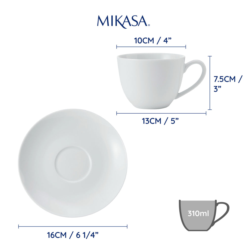 Mikasa Chalk Porcelain Cappuccino Cups and Saucers, Set of 2, 310ml, White