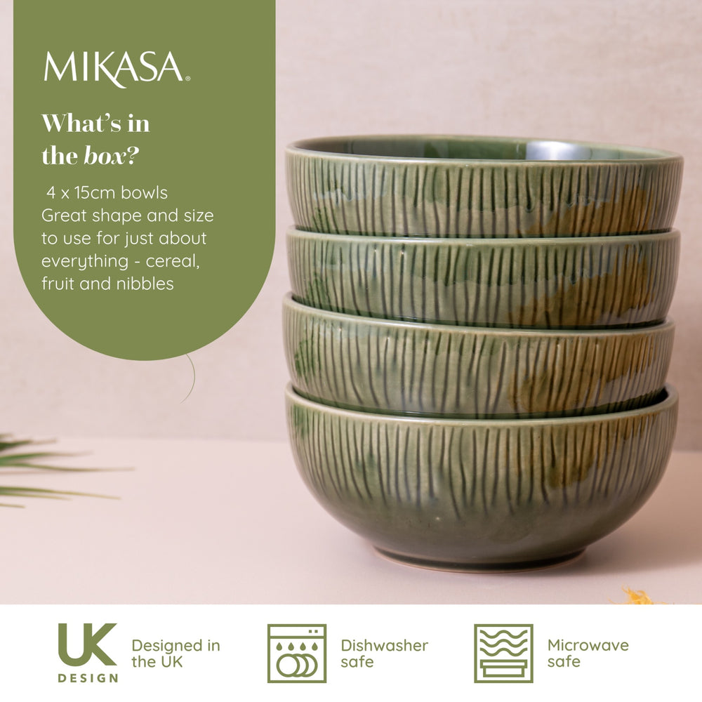 Mikasa Jardin Stoneware Cereal Bowls, Set of 4, 15cm, Green