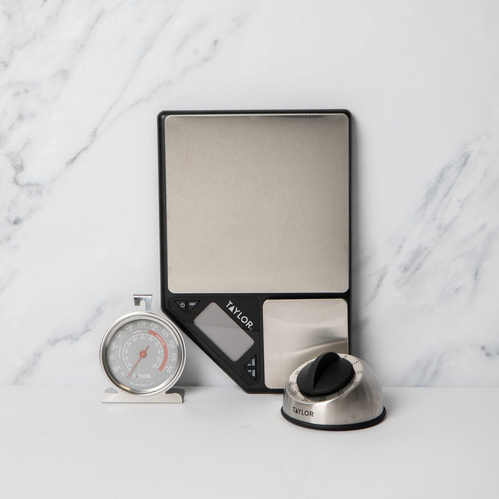 3pc Gift-Boxed Measuring Set with Pro Dual Platform Digital Kitchen Scale, Pro Oven Thermometer & Pro Classic Dial Timer