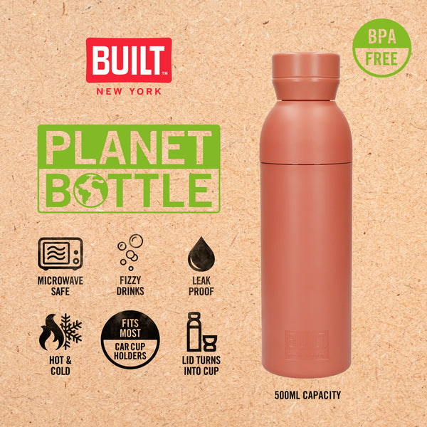 BUILT Planet Bottle, 500ml Recycled Reusable Water Bottle with Leakproof Lid - Coral Pink image 9