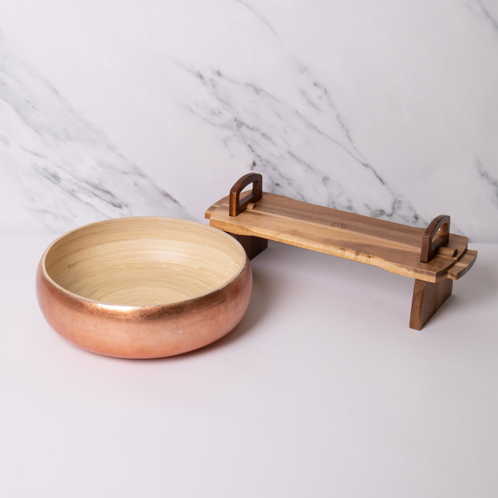 2pc Wooden Serveware Set with Bamboo Serving Bowl and Large Acacia Wood Antipasto Platform Platter