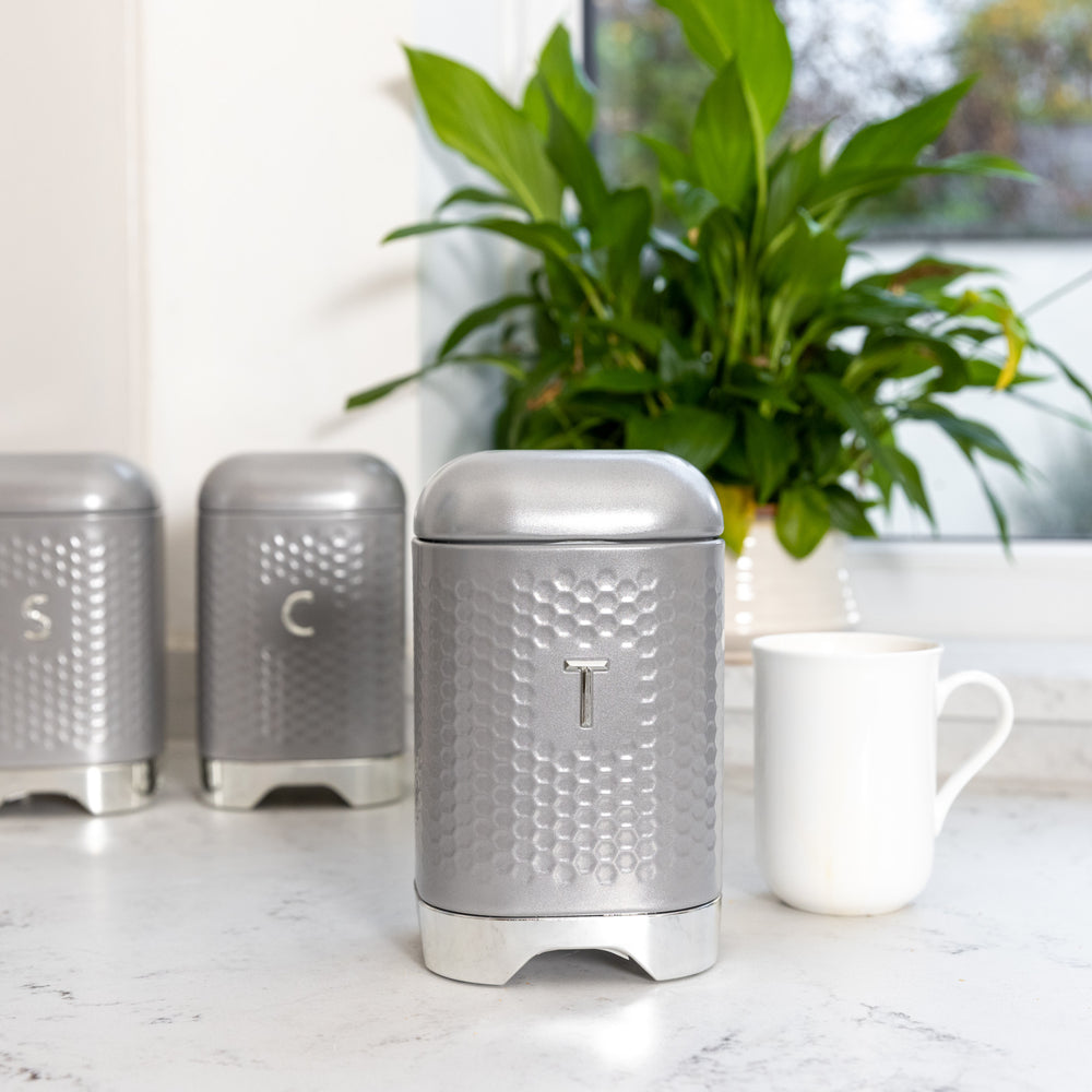 Lovello Retro Tea Canister with Geometric Textured Finish - Shadow Grey