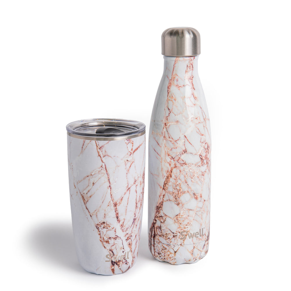 S'well 2pc Travel Cup and Bottle Set with Stainless Steel Water Bottle, 500ml and Drinks Tumbler, 530ml, Calacatta Gold image 1