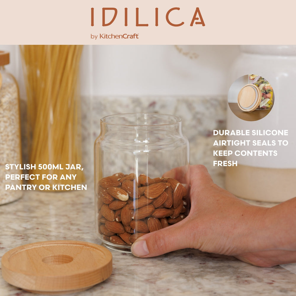 Idilica 3pc Glass Storage Jars Set with Beechwood Lid, 500ml