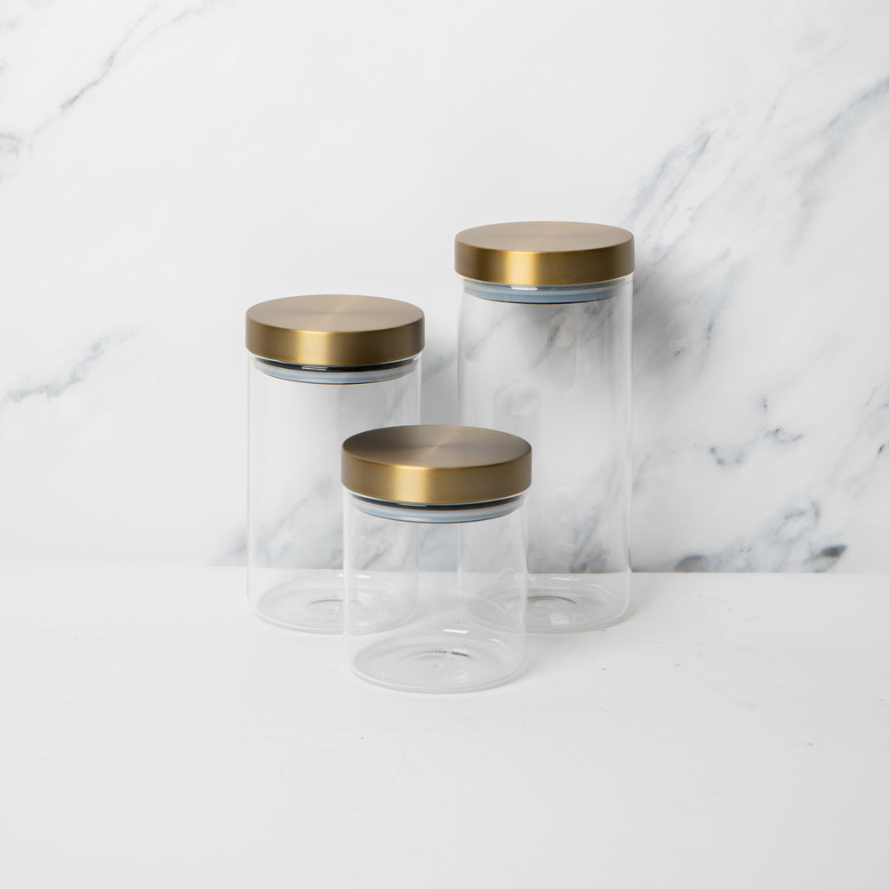3pc Glass Storage Jar Set with Burnished Brass Lids, includes Small, Medium and Large Storage Jars