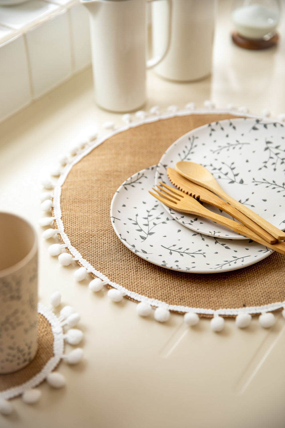 Natural Elements Set of 4 Woven Hessian Placemats with Pom Pom Decorations