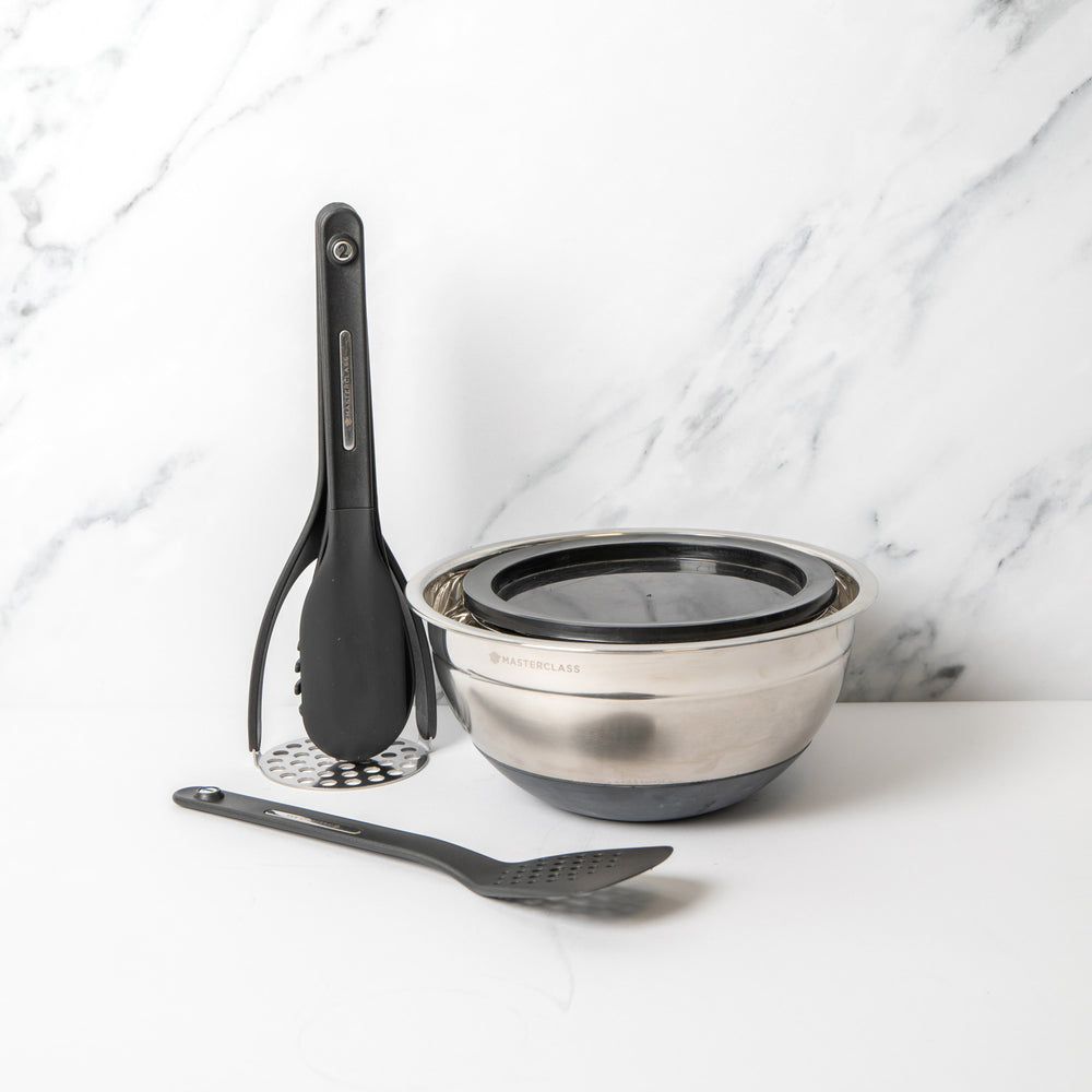8pc Kitchen Tool Set with Mixing Bowl, Colander, Small Bowl, 2x Spatulas, Cooking Spoon, Pasta Server and Masher
