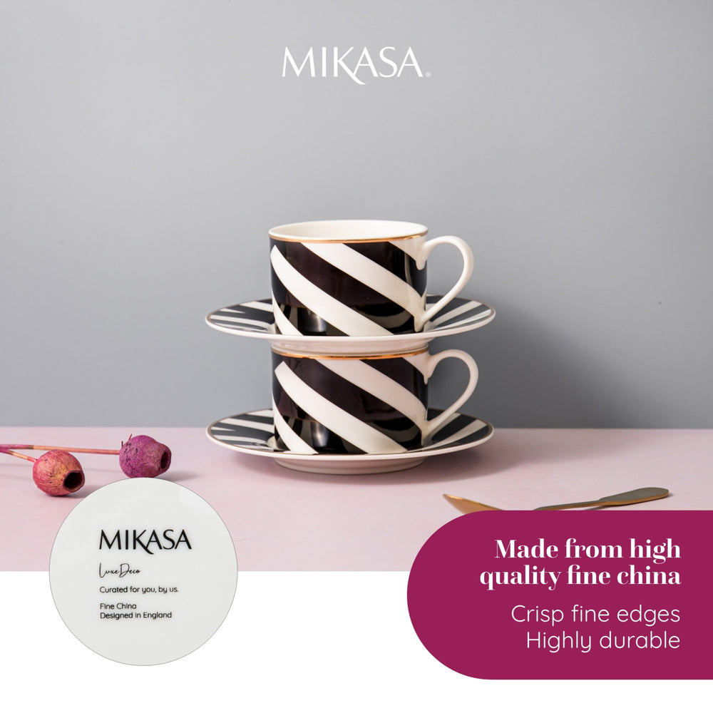 Mikasa Luxe Deco Geometric Print China Tea Cups and Saucers, Set of 2, 200ml
