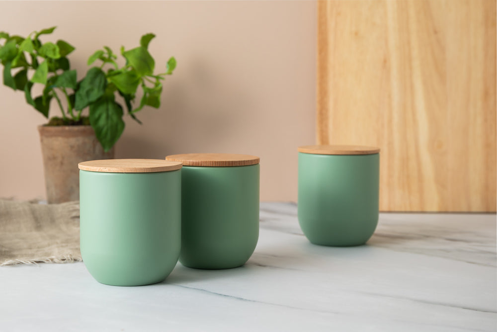 Idilica 3pc Set of Green Kitchen Canisters with Beechwood Lid
