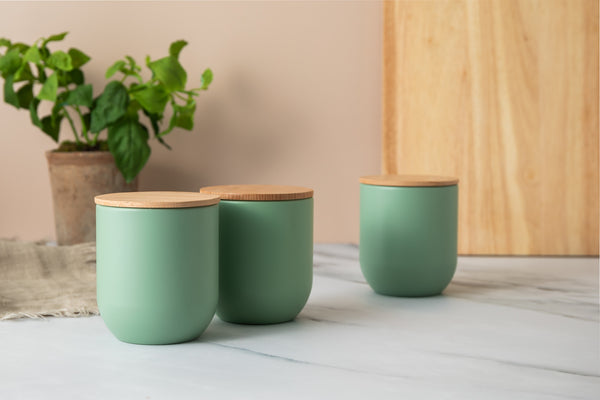 Idilica 3pc Set of Green Kitchen Canisters with Beechwood Lid image 2