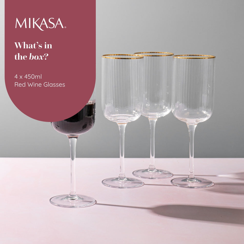 MIKASA Sorrento geribbelde kristallen glazen met gouden rand en brede vorm, 380 ml, set van 4 loodvrije, heldere fijne glazen, slank ontwerp voor feesten MIKASA Sorrento geribbelde kristallen glazen met gouden rand en brede vorm, 380 ml, set van 4 loodvrije, heldere fijne glazen, slank ontwerp voor feesten