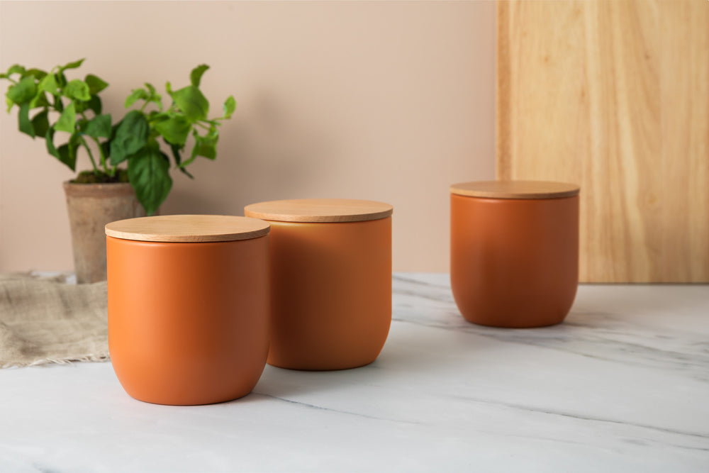 Idilica 3pc Terracotta Kitchen Canisters Set with Beechwood Lid